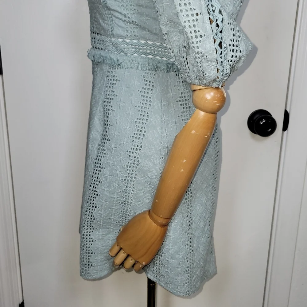Esther & Co. Saints & Secrets Saige Green Puff Sleeve Eyelet Cotton Dress Size S - Picture 6 of 12